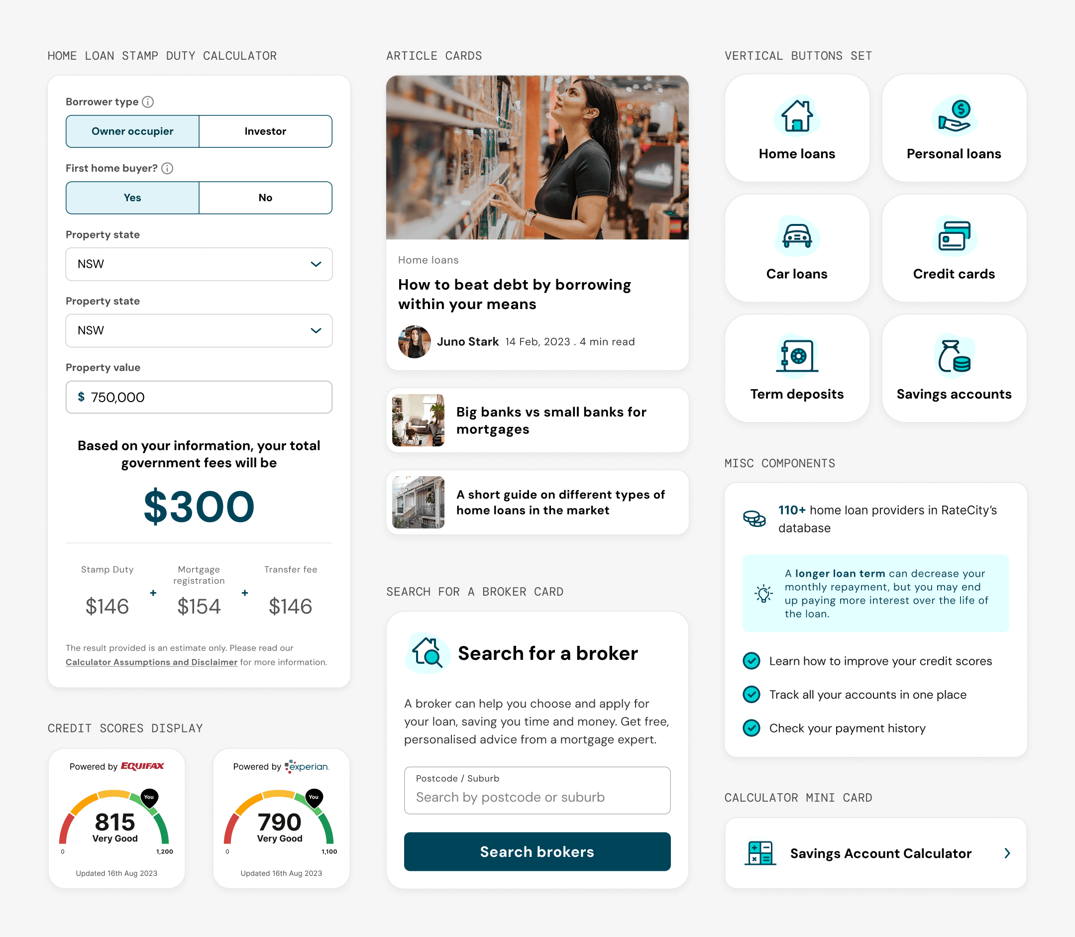 RateCity design system organisms including a stamp duty calculator, article cards, vertical navigation tiles, credit score displays, broker search card, and calculator mini card