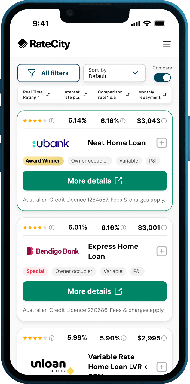 Mobile view of the RateCity home loans comparison table showing loan results with interest rates, lender logos, product tags, and call to action buttons
