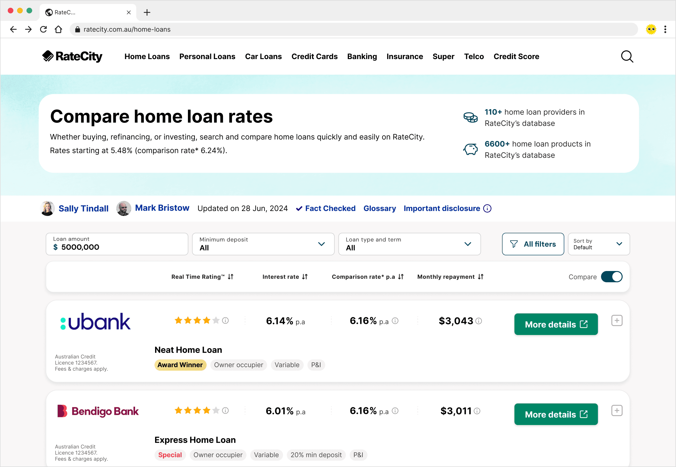 RateCity home loans product comparison page, showing comparison table and filtering.
