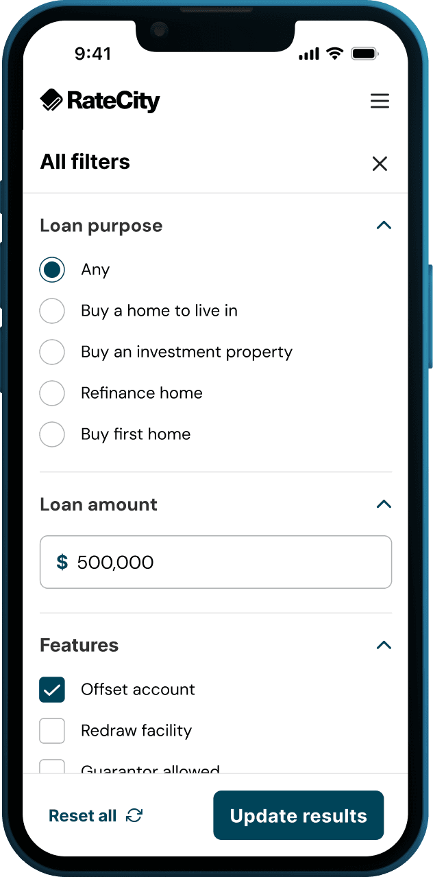 Mobile filter panel showing loan purpose as radio buttons, loan amount as a text input, and product features as checkboxes with accordion section headers