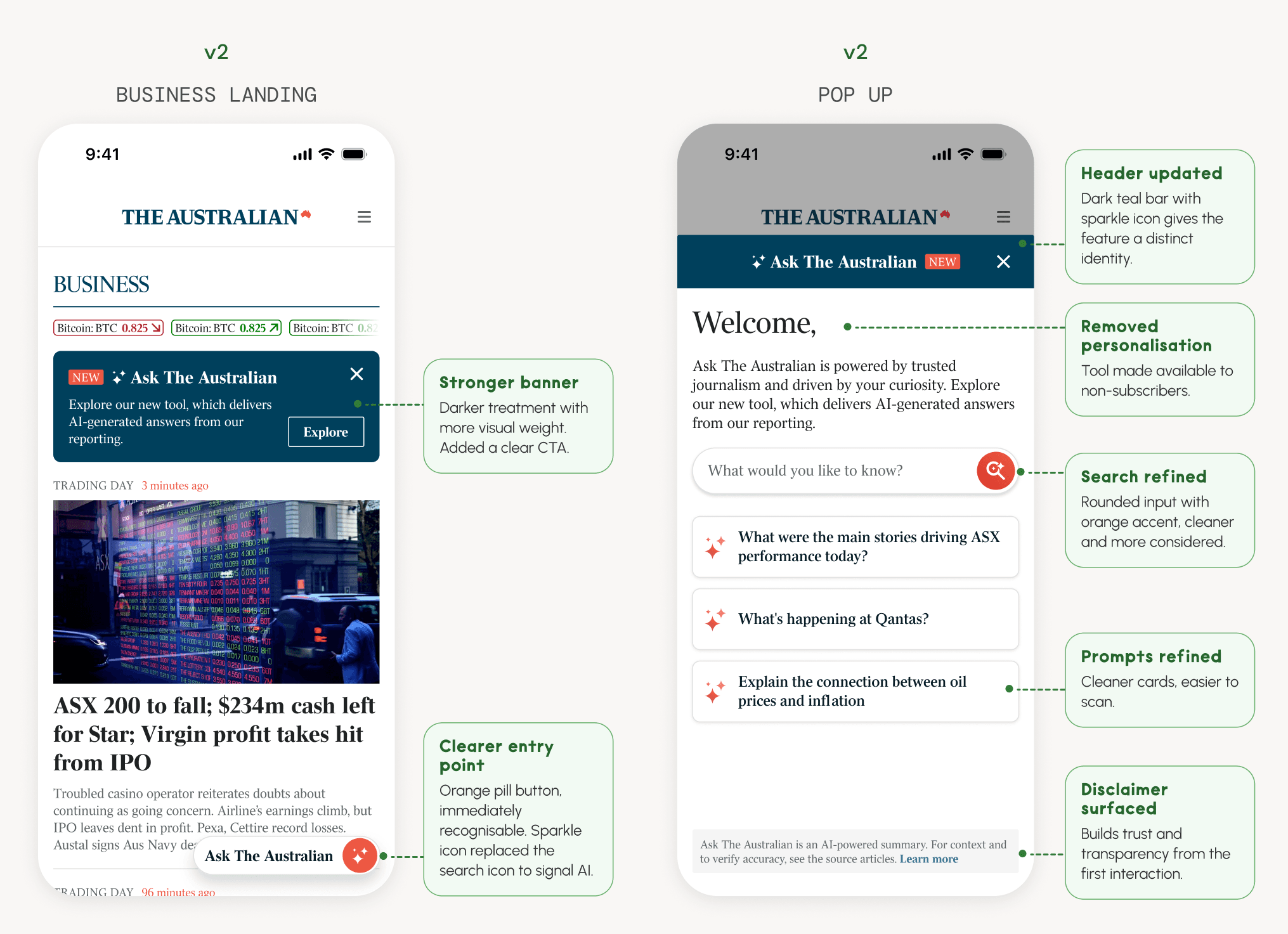 V2 mobile screens showing the refined business landing page with a stronger banner and orange pill entry point, alongside the updated popup with dark teal header, refined search bar, and surfaced disclaimer.