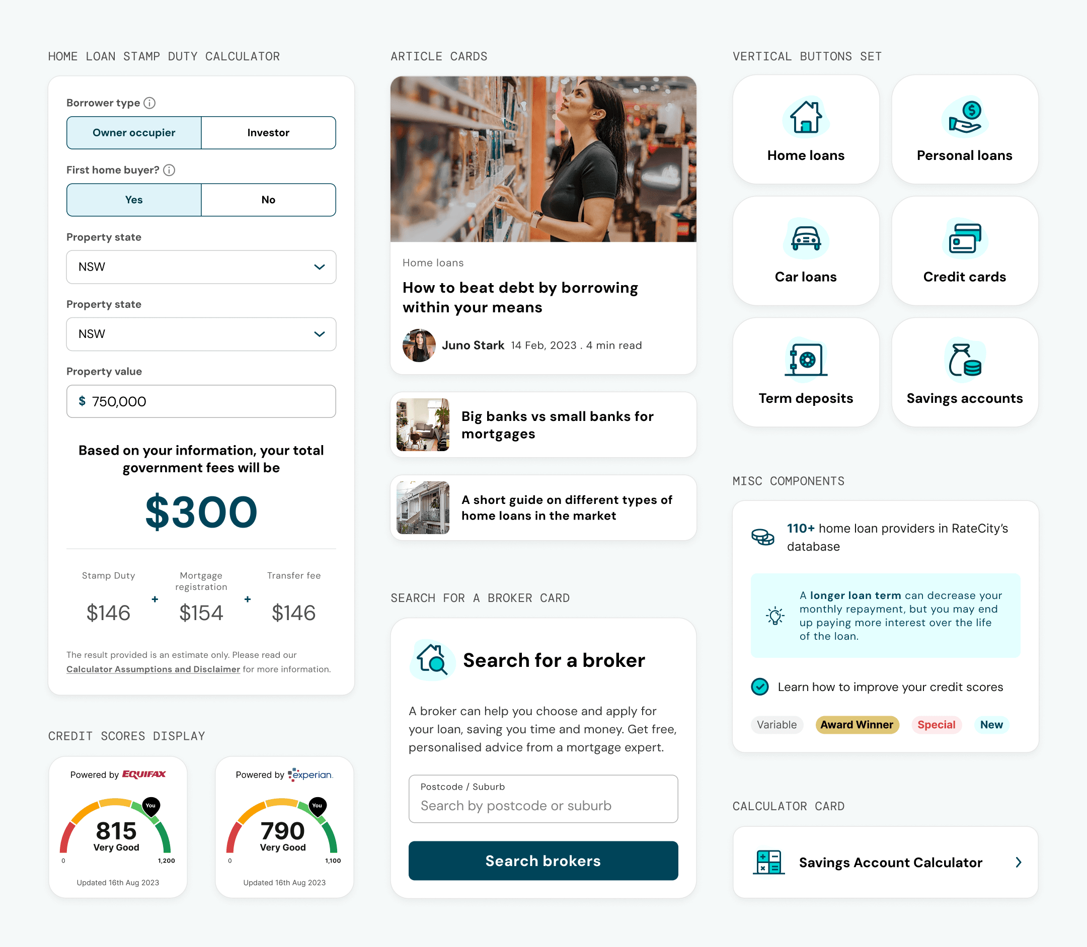 RateCity design system organisms including a stamp duty calculator, article cards, vertical navigation tiles, credit score displays, broker search card, and calculator mini card