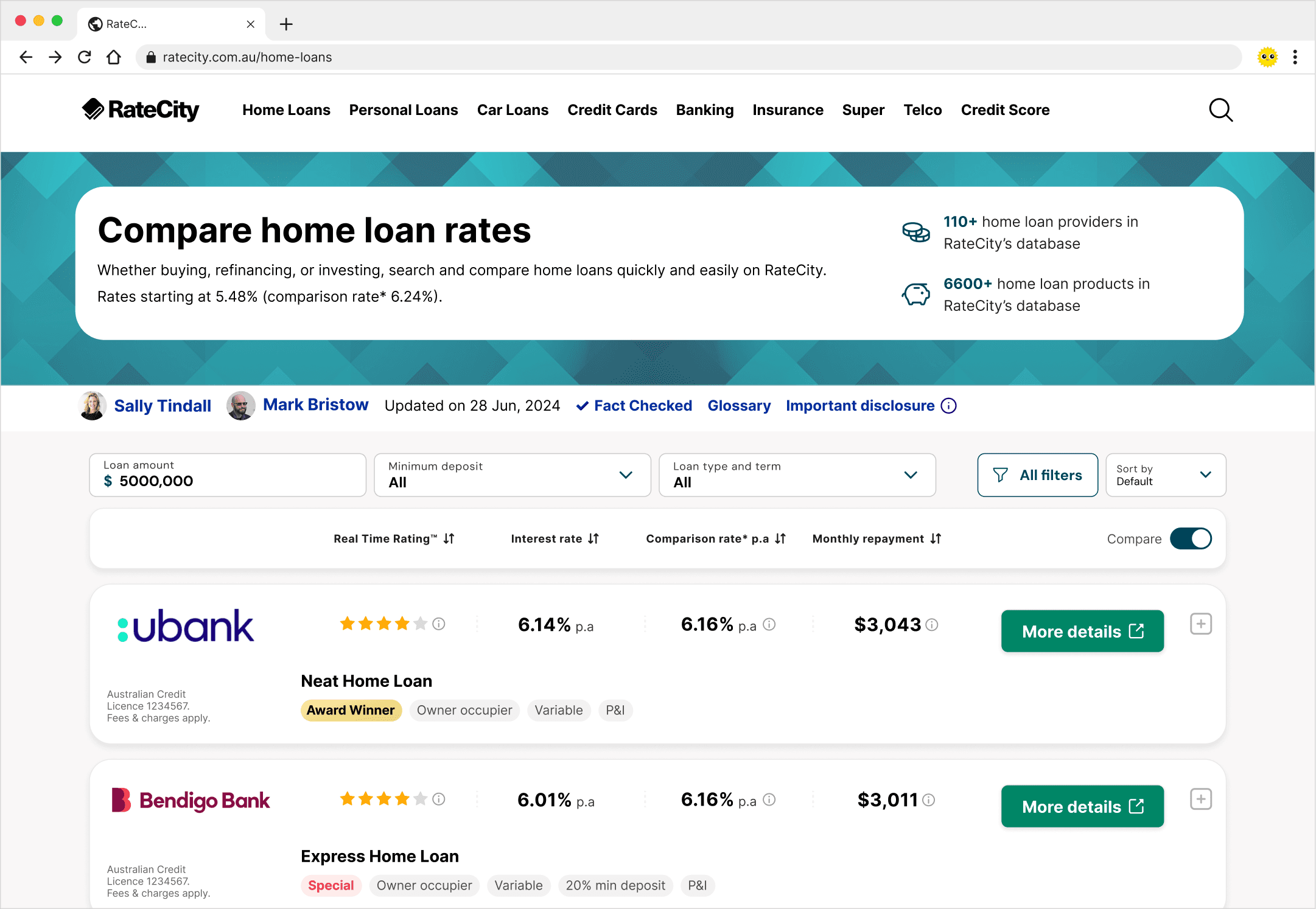 RateCity home loans product comparison page, showing comparison table and filtering.