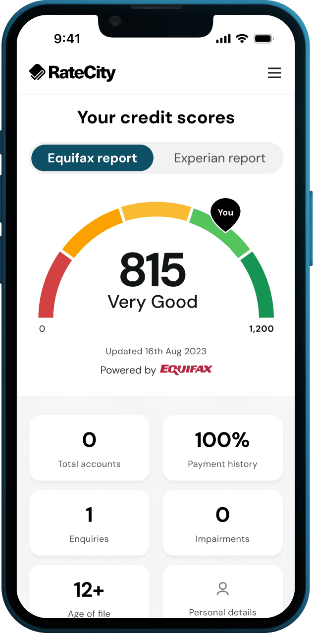 Mobile view of the RateCity credit score page, showing components used throughout.