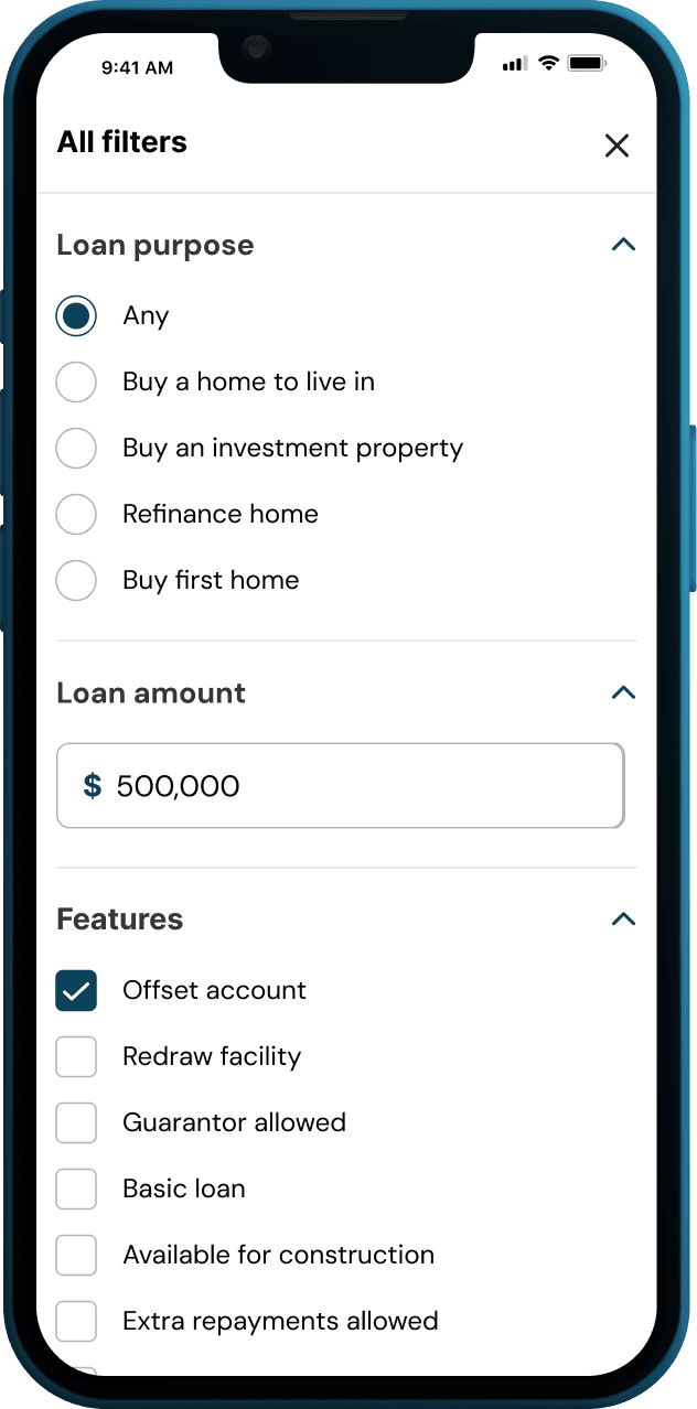 Mobile filter panel showing loan purpose as radio buttons, loan amount as a text input, and product features as checkboxes with accordion section headers