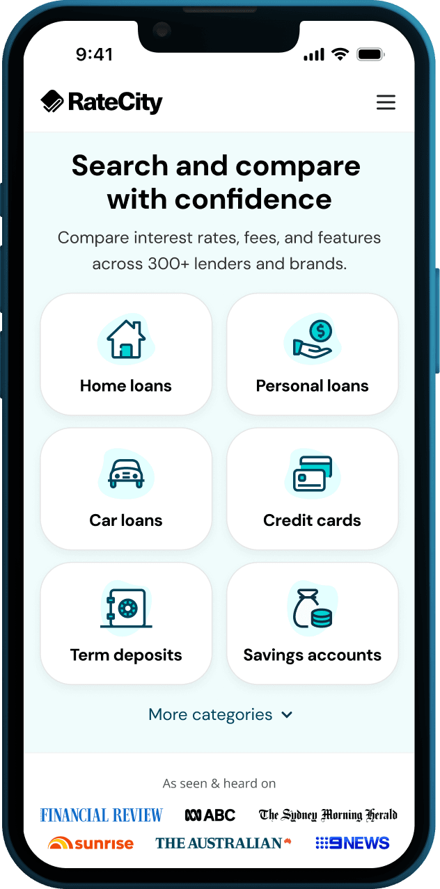 Mobile view of the RateCity home page, showing vertical card components.